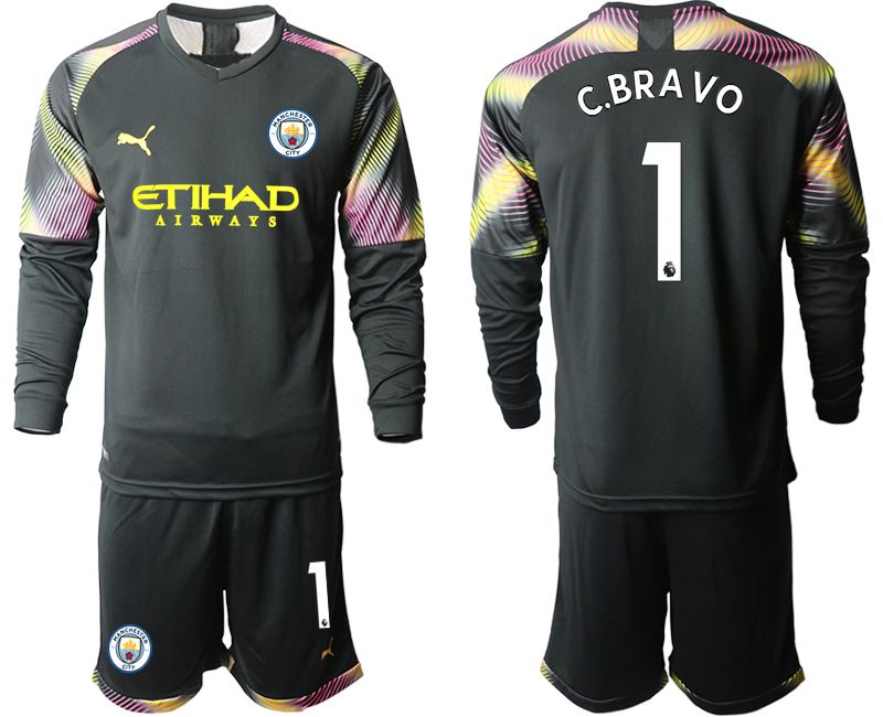 Men 2019-2020 club Manchester City black goalkeeper Long sleeve #1 Soccer Jerseys->manchester city jersey->Soccer Club Jersey